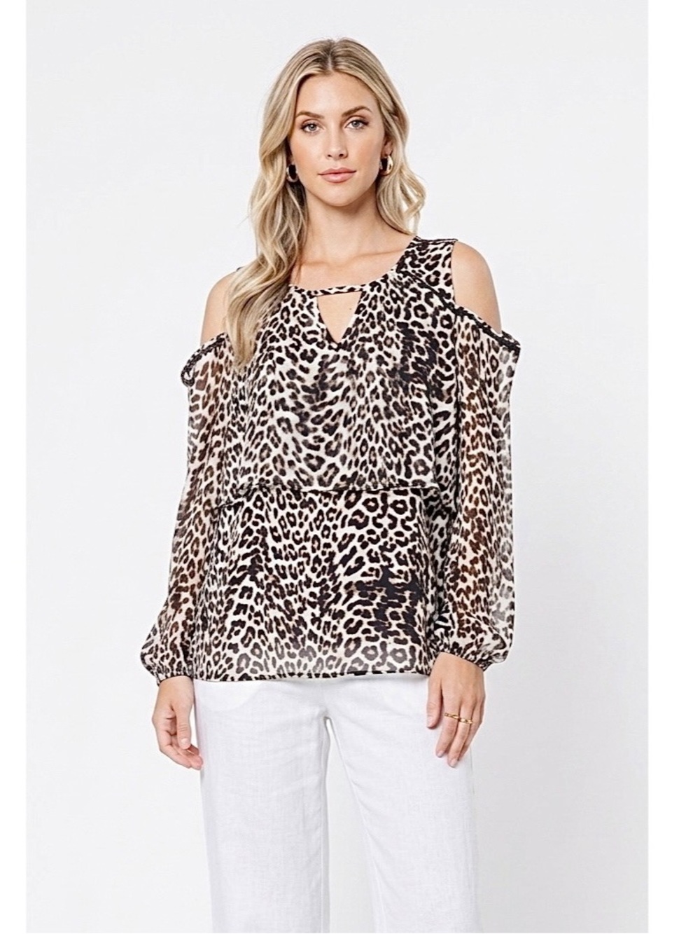 New Fever Woman’s Cold Shoulder Animal Leopard Print Blouse Top Size Medium